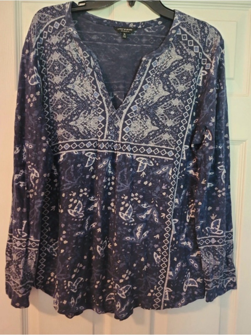 Lucky Brand Navy and White Printed Long-Sleeve Tunic